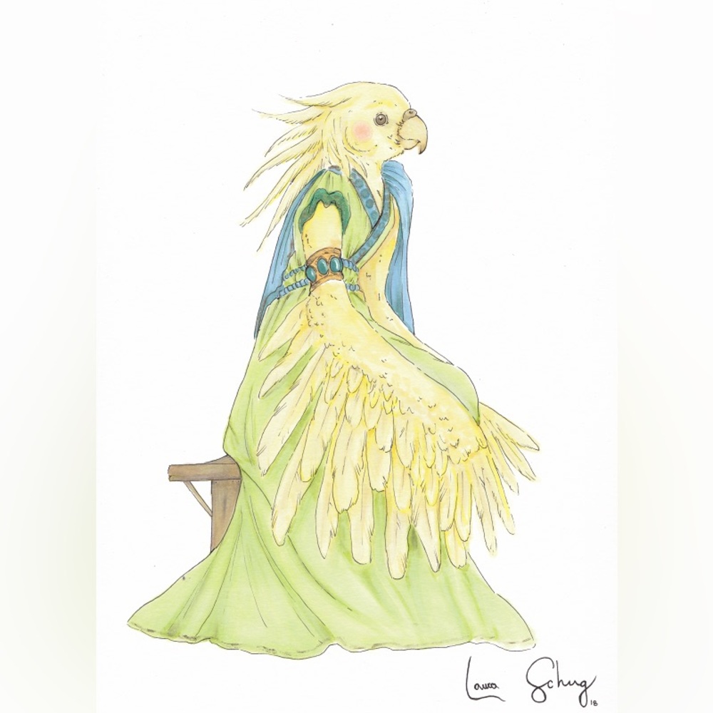 Sitting Cockatiel Woman in Ancient Inspired Gown Garb Original illustration
